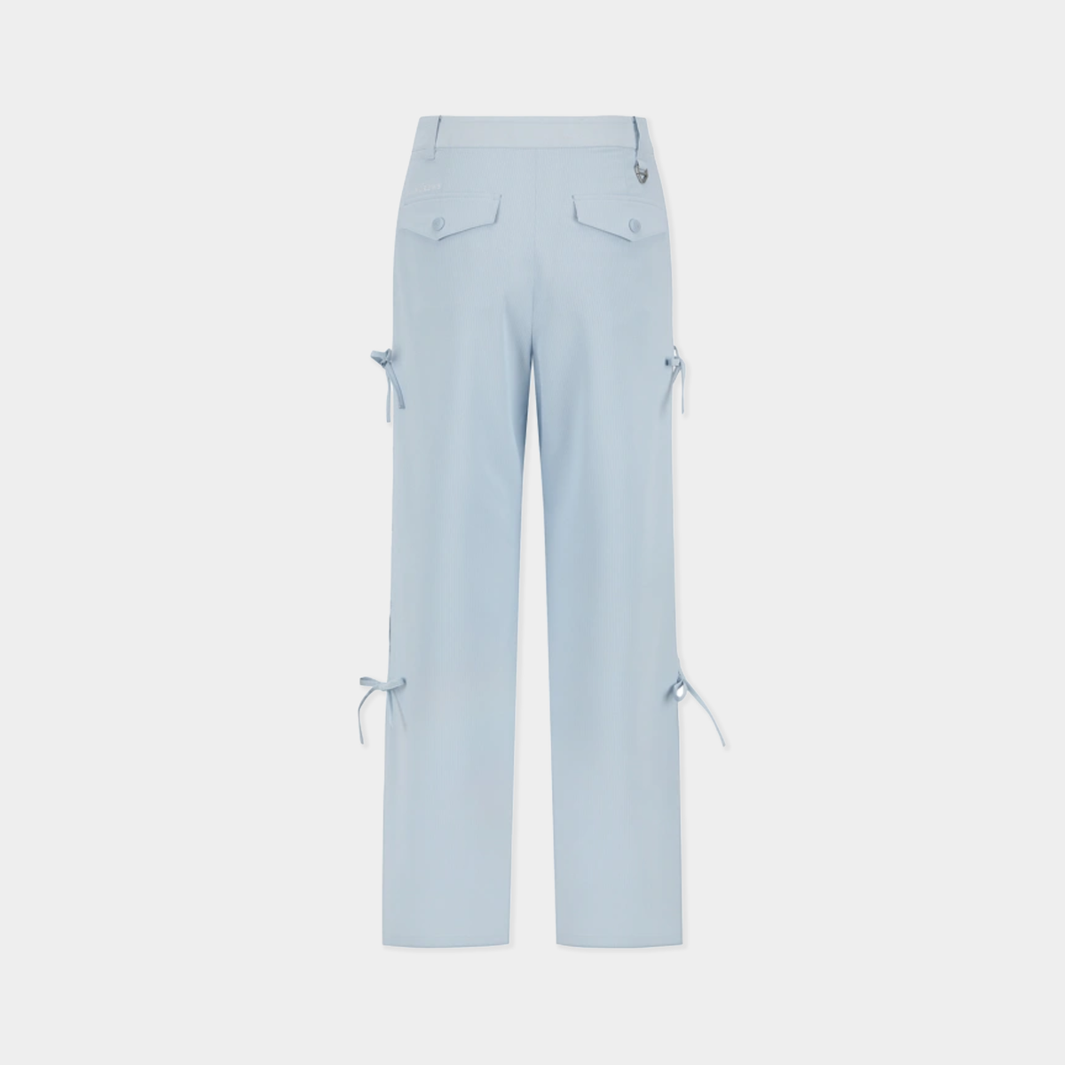 Light blue cropped pants with flap back pockets and side tie details, shown from the back on a light gray background.