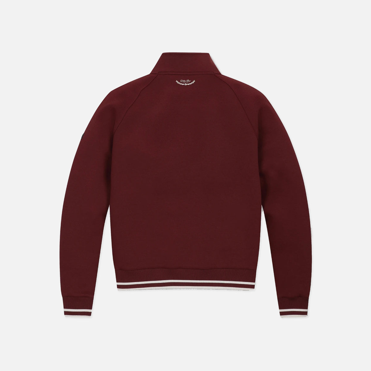 A maroon long-sleeve quarter-zip jacket shown from the back, featuring white stripe accents at the hem and cuffs, set against a plain light gray background.