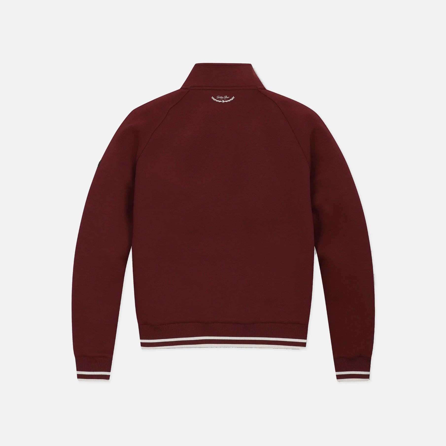 A maroon long-sleeve quarter-zip jacket shown from the back, featuring white stripe accents at the hem and cuffs, set against a plain light gray background.