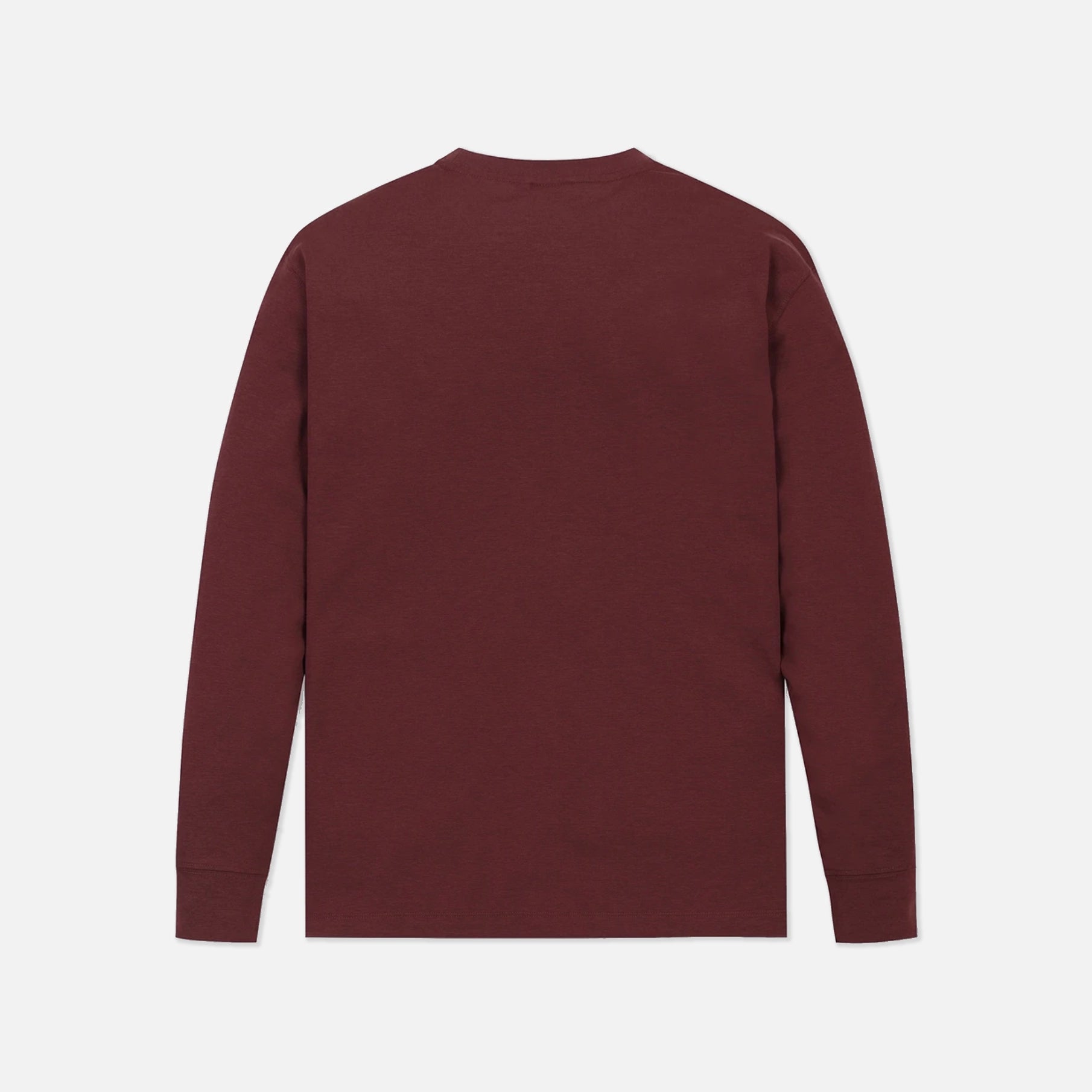 A long-sleeve crewneck shirt in a deep burgundy color, shown from the back against a light gray background.