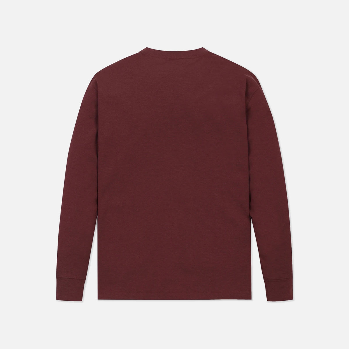 A long-sleeve crewneck shirt in a deep burgundy color, shown from the back against a light gray background.
