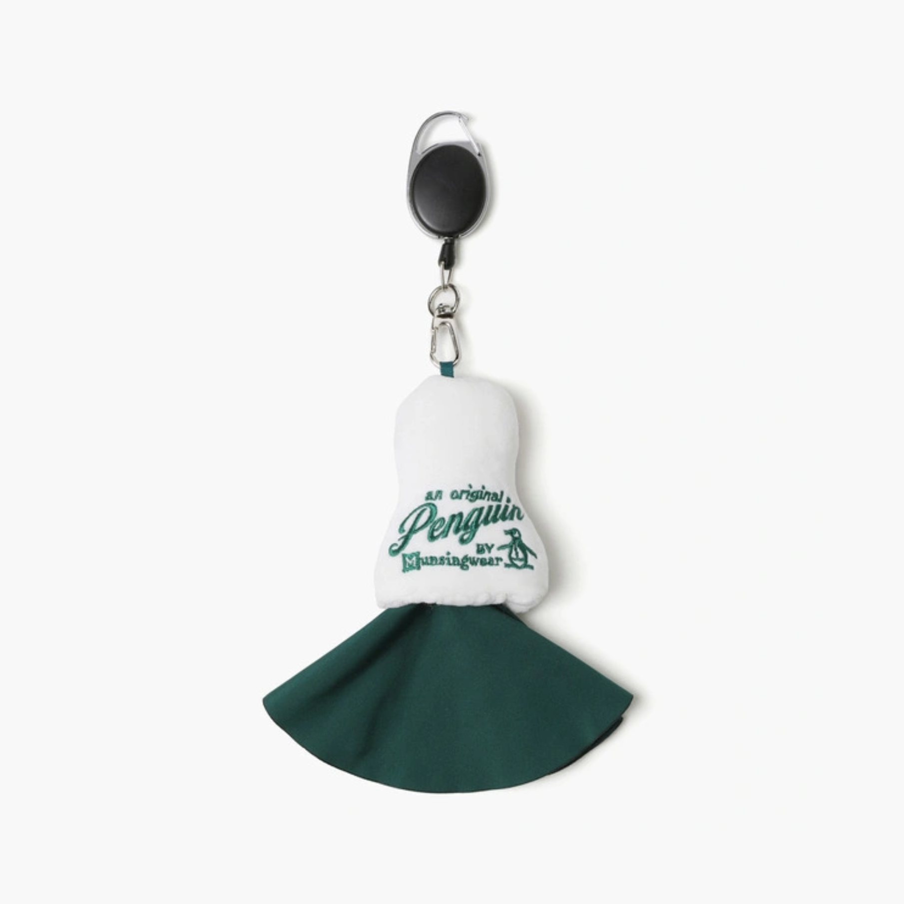 A retractable badge reel keychain featuring a plush penguin design. The top portion is white with green embroidered text reading 'An original Penguin by Manji Gangster' and a small penguin silhouette.