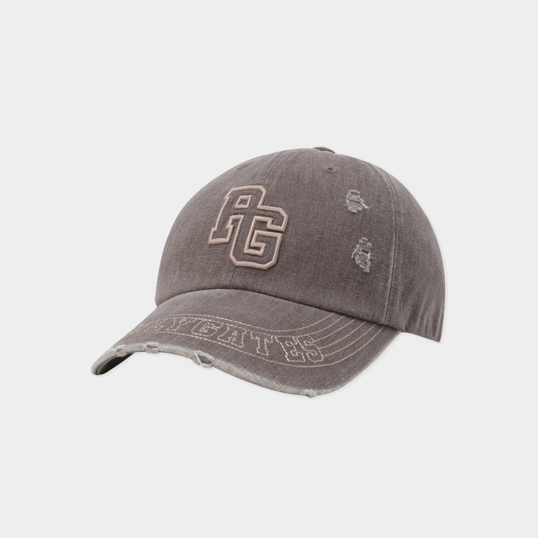 A distressed gray baseball cap with a faded wash, featuring a large embroidered 'AG' logo on the front and 'DEATH' embroidered on the brim, shown against a light gray background.