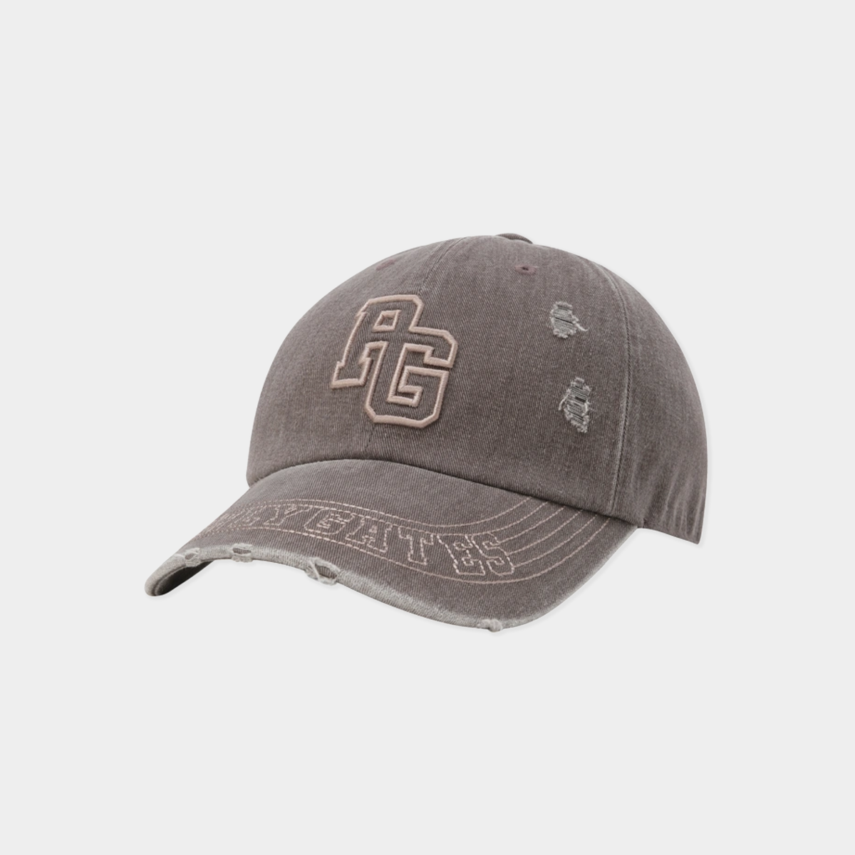 A distressed gray baseball cap with a faded wash, featuring a large embroidered 'AG' logo on the front and 'DEATH' embroidered on the brim, shown against a light gray background.