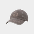 A distressed gray baseball cap with a faded wash, featuring a large embroidered &