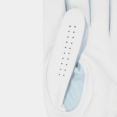 Close-up of a white leather glove with a light blue inner lining and a white finger pad insert featuring a row of black ventilation holes.