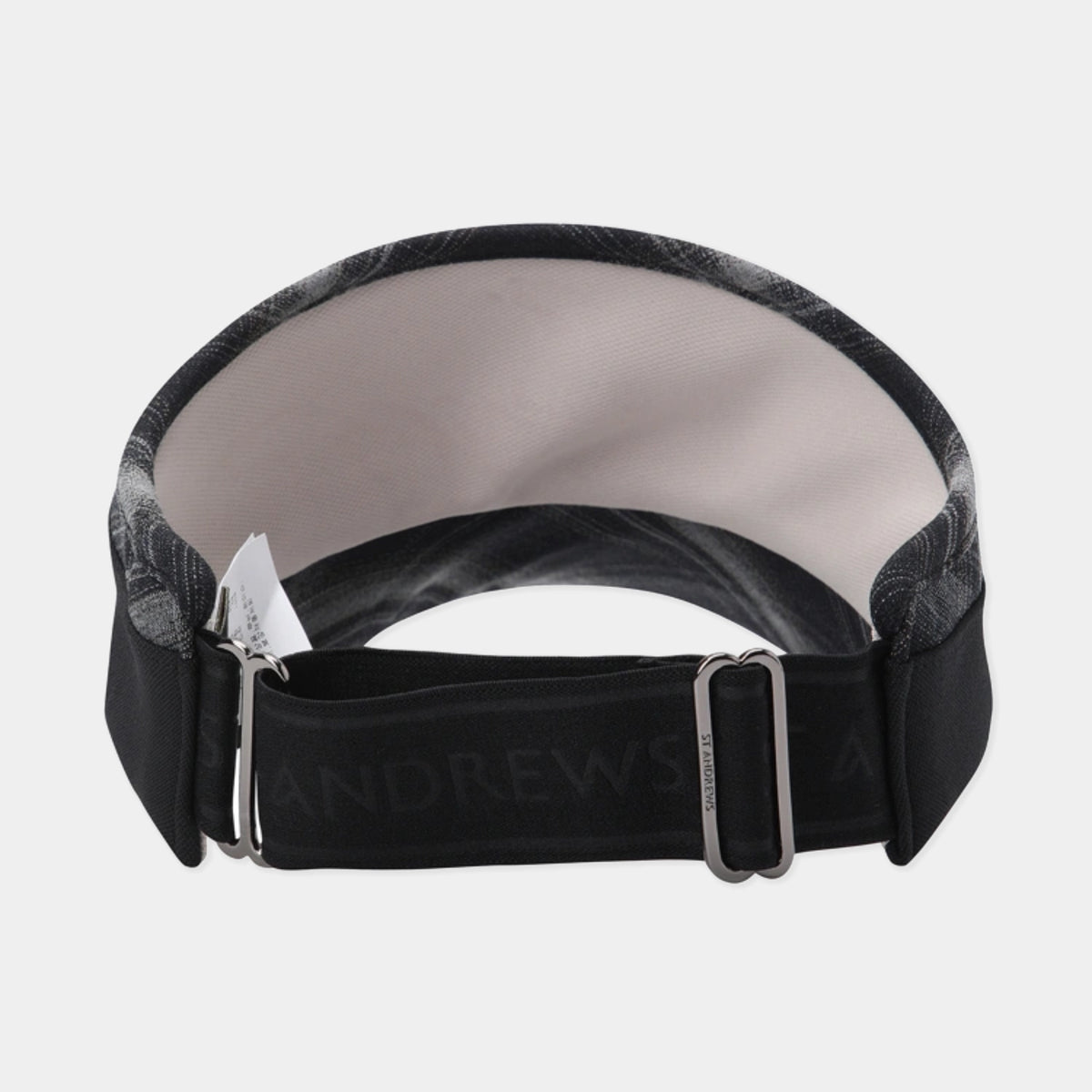 A black adjustable athletic headband with a gray and black patterned outer band, featuring a black elastic strap with silver metal buckles and the brand name 'ST ANDREWS' printed on it.