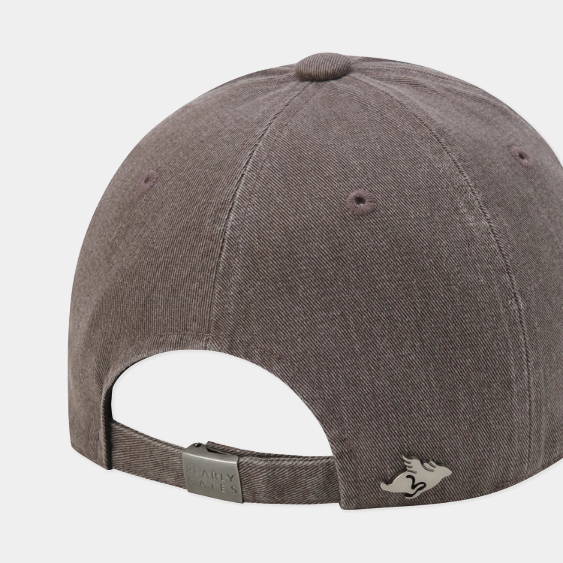 Close-up rear view of a dark gray textured baseball cap with an adjustable strap and a small embroidered logo on the side, set against a light gray background.
