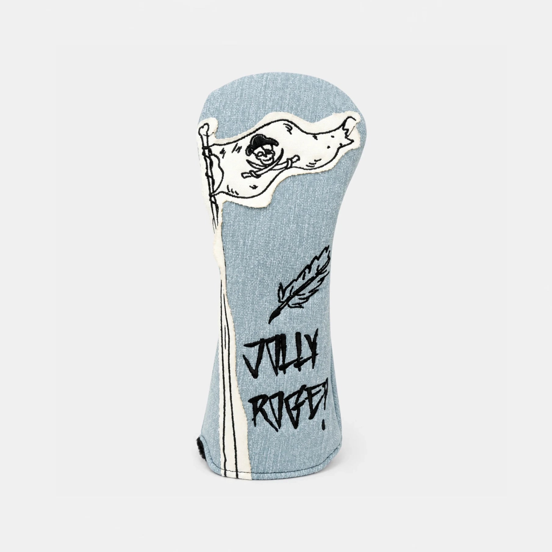 A light blue denim golf club headcover featuring a white distressed flag graphic with a skull and crossbones, a black feather illustration, and the text 'JOLLY ROSE!' in black graffiti-style lettering.