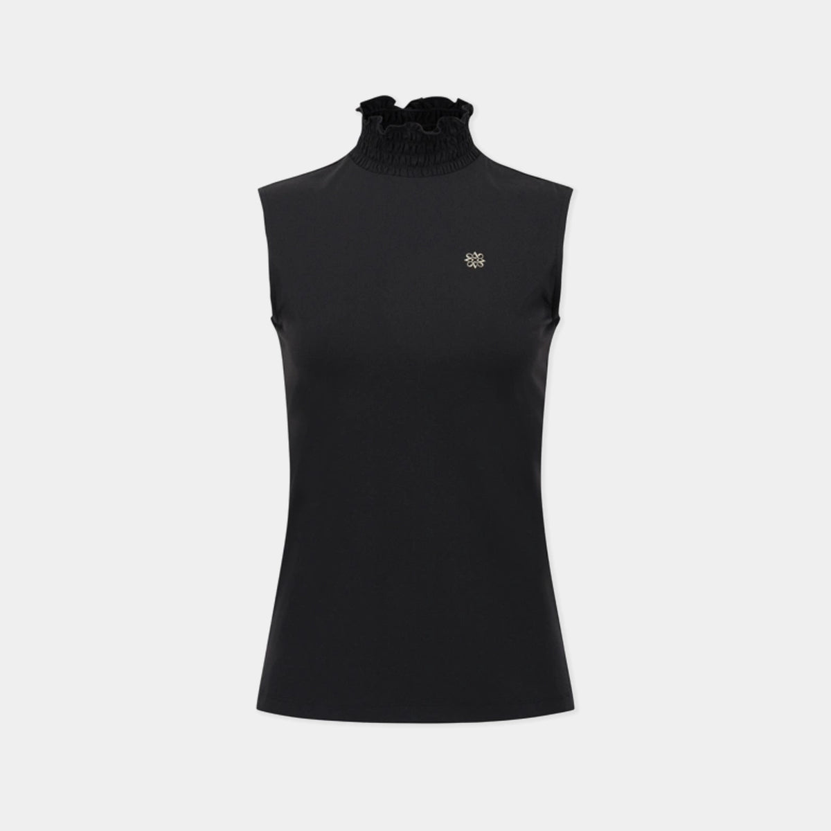 A black sleeveless mock neck top with a small silver geometric logo on the left chest, displayed on a light gray background.
