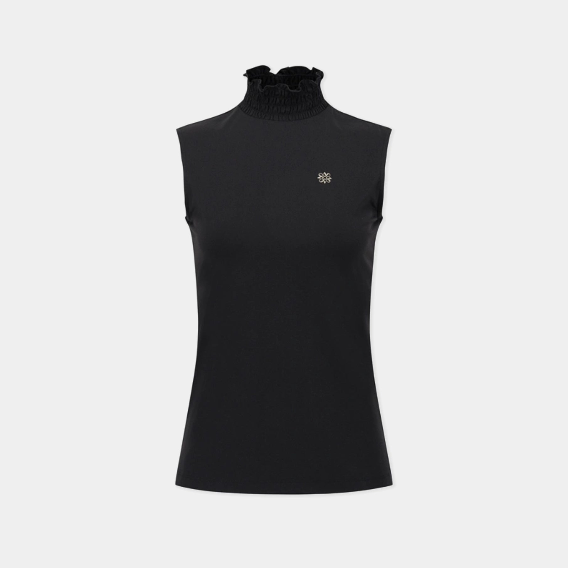 A black sleeveless mock neck top with a small silver geometric logo on the left chest, displayed on a light gray background.