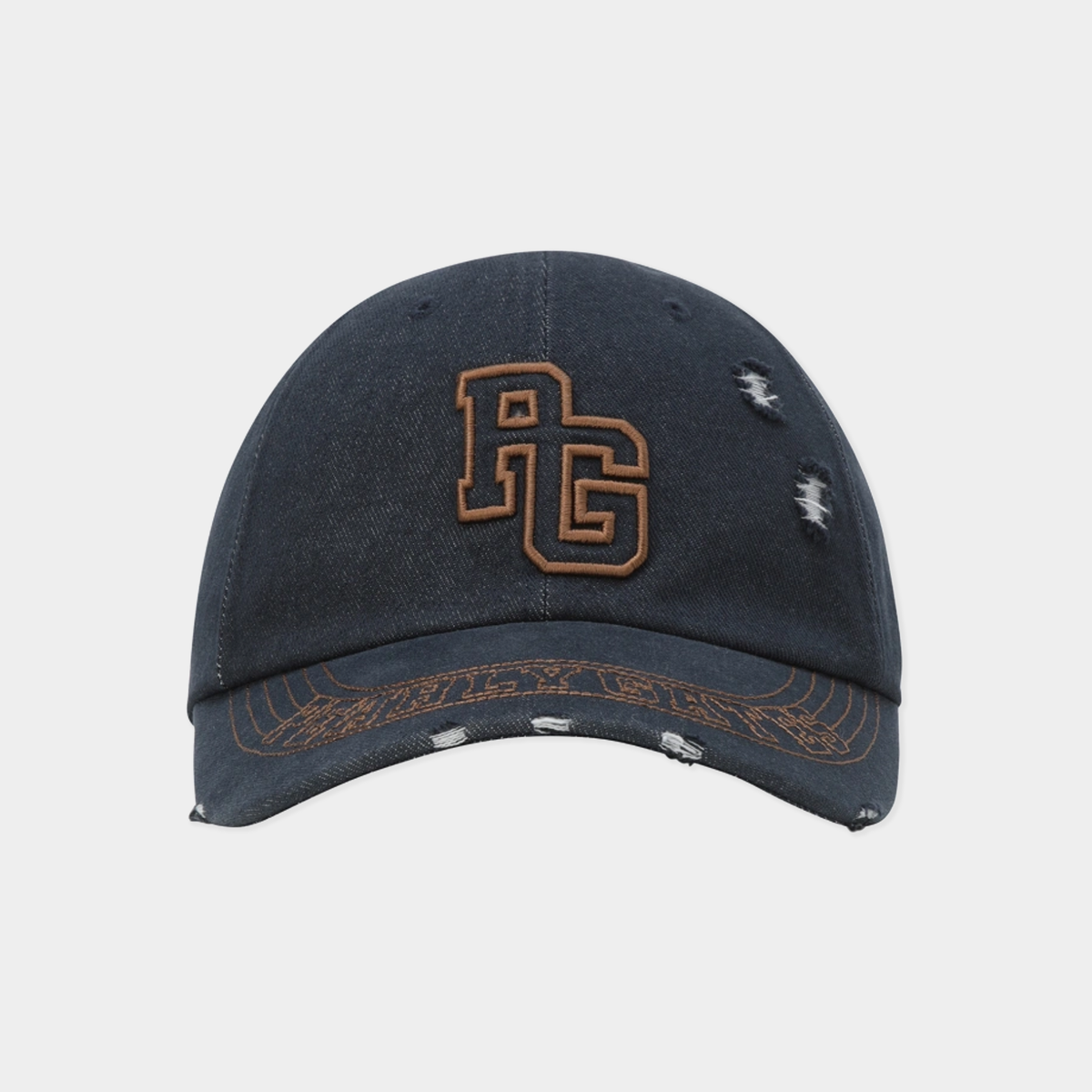 A dark navy blue distressed baseball cap with a brown embroidered 'PG' logo on the front and brown distressed stitching on the brim, shown against a light gray background.