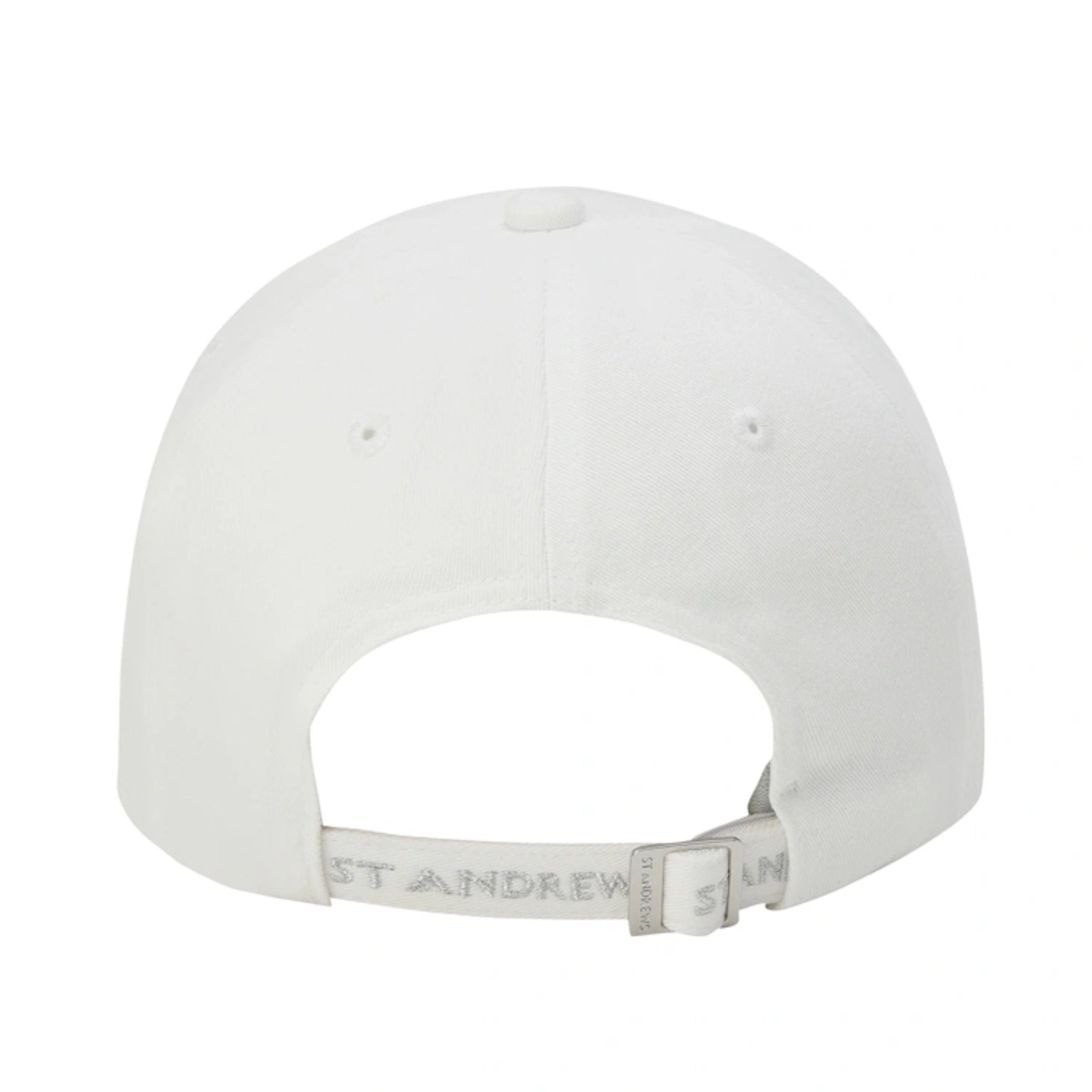 The back view of a white baseball cap with an adjustable strap and 'ST ANDREWS' embroidered on the white undercap.
