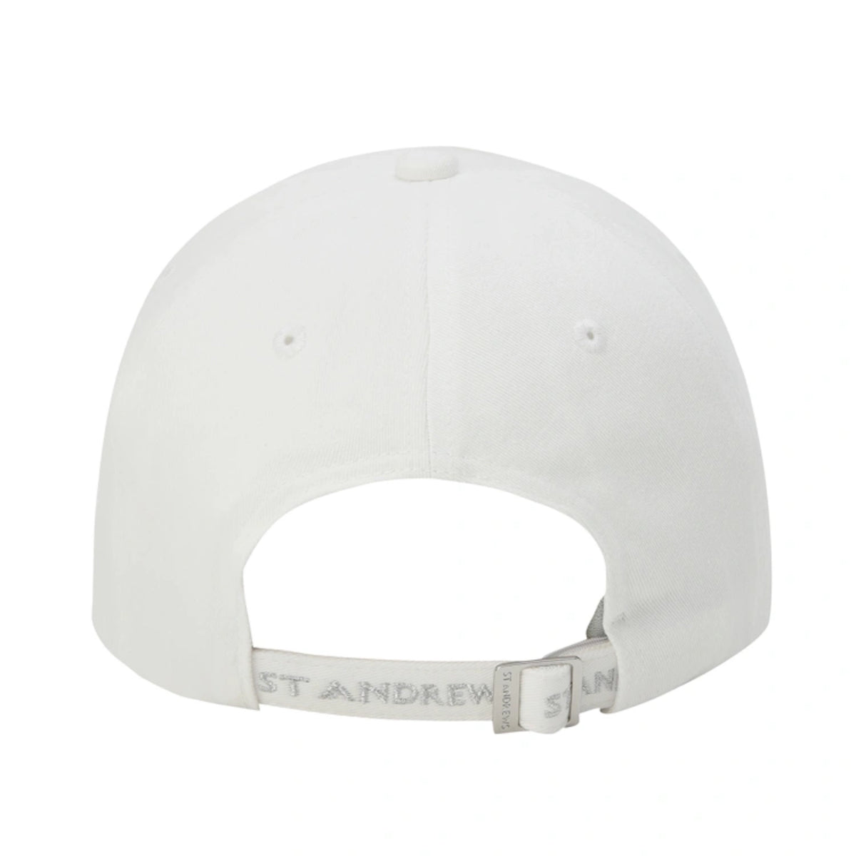 The back view of a white baseball cap with an adjustable strap and 'ST ANDREWS' embroidered on the white undercap.