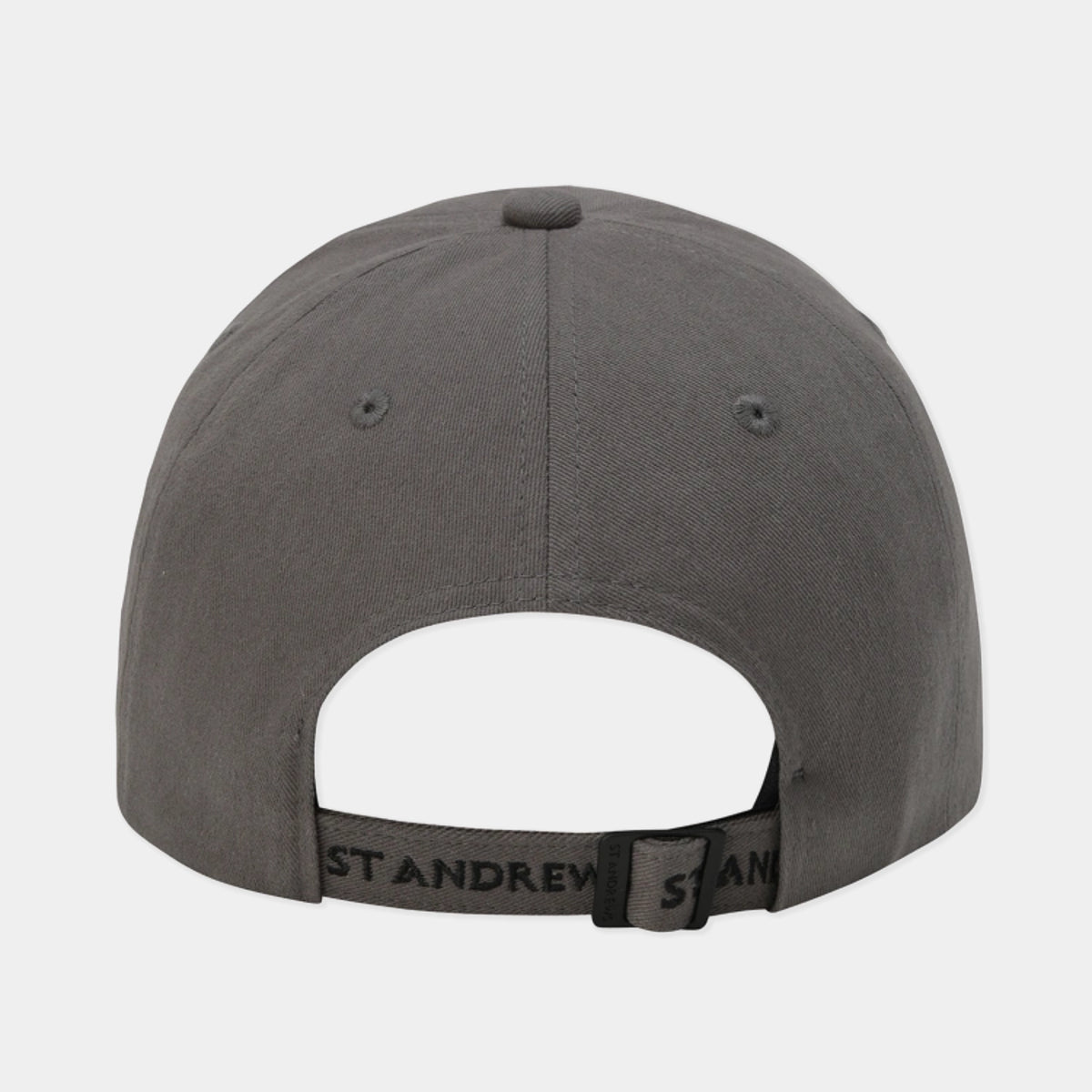 The back view of a dark gray baseball cap with an adjustable strap featuring the brand name 'ST ANDREWS' in black lettering, set against a light gray background.