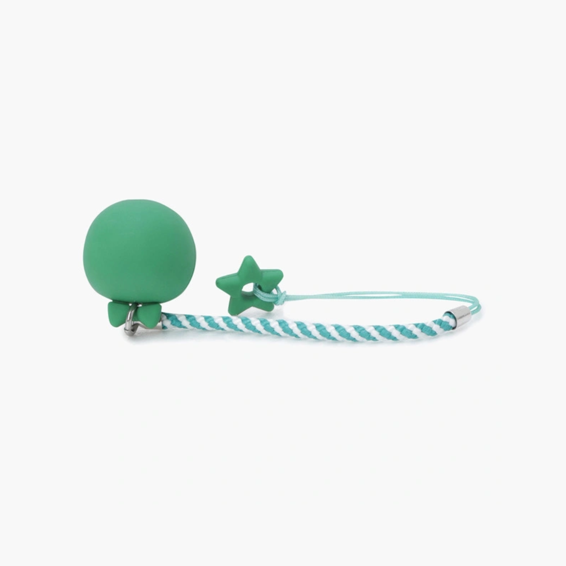 A mint green silicone baby teether with a star-shaped ring and a twisted rope strap, shown on a light gray background.
