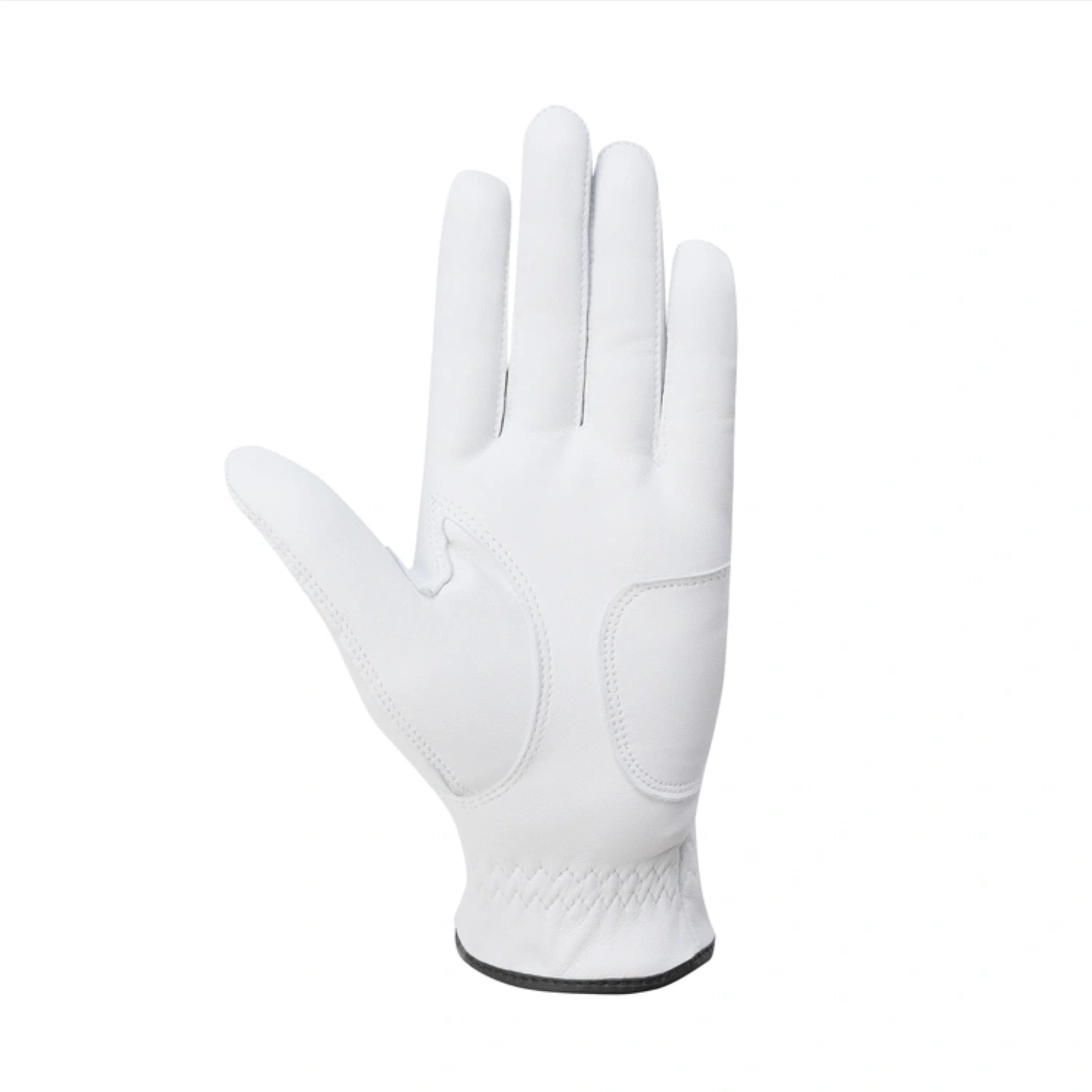 A single white leather golf glove shown from the back, featuring stitched paneling and a ribbed knit cuff with a thin black trim, set against a plain white background.
