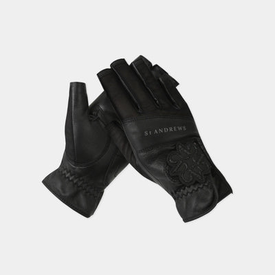 A pair of black leather fingerless gloves with decorative stitched cuffs and a debossed logo, displayed on a light gray background.