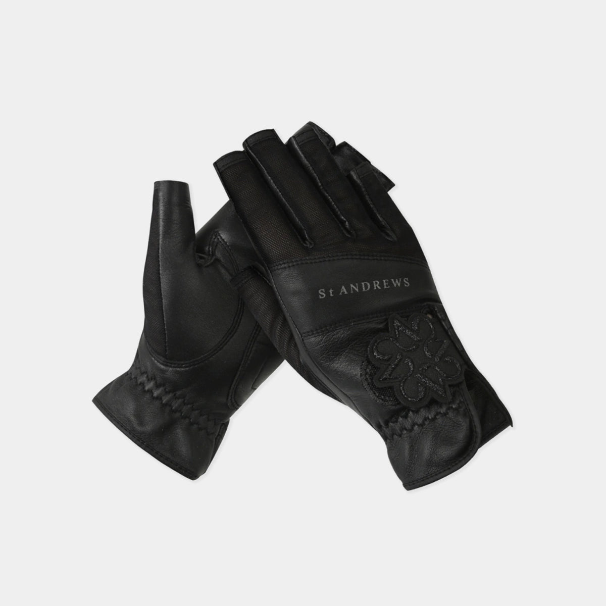 A pair of black leather fingerless gloves with decorative stitched cuffs and a debossed logo, displayed on a light gray background.