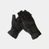 A pair of black leather fingerless gloves with decorative stitched cuffs and a debossed logo, displayed on a light gray background.