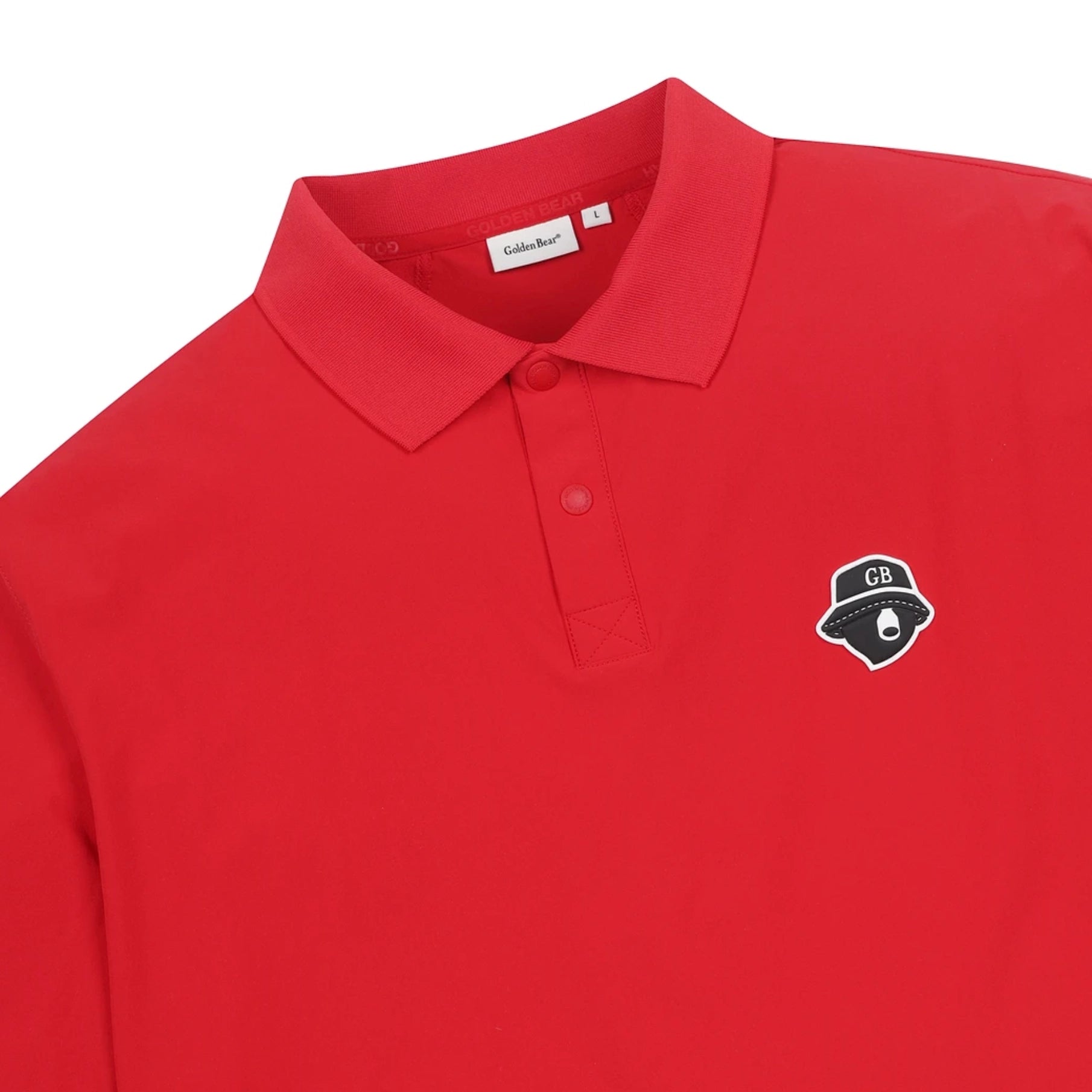 A close-up of a red polo shirt with a collar and two-button placket, featuring a small black and white embroidered hat logo on the left chest. The brand label inside the collar reads 'Gollack'.