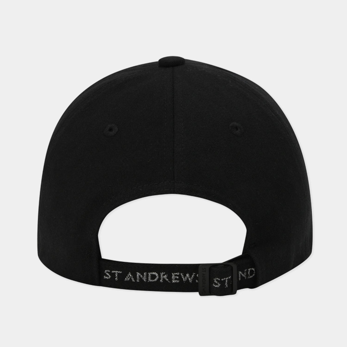The back view of a black baseball cap with an adjustable strap, featuring the brand name 'STANDREW' embroidered in white on the black strap.