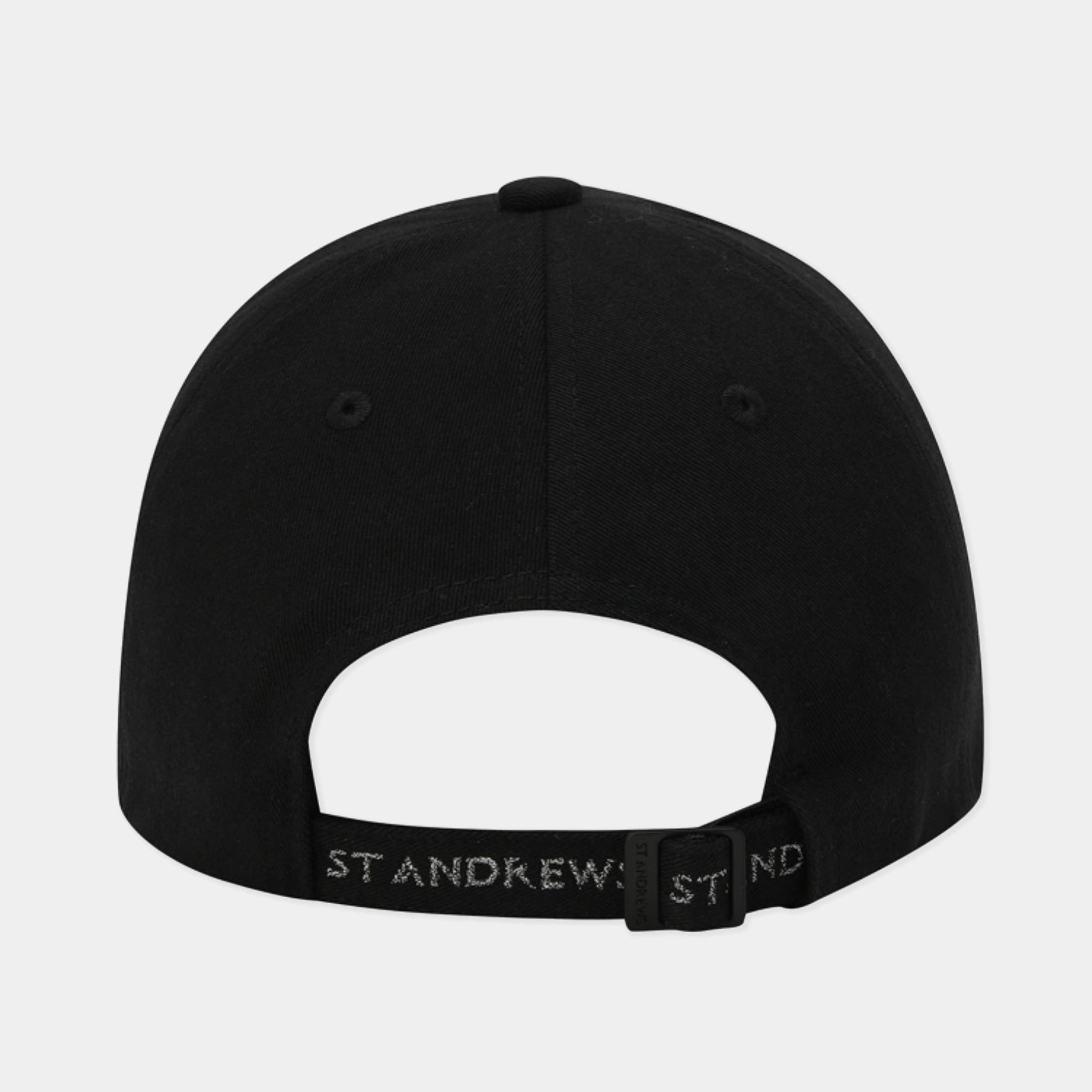 The back view of a black baseball cap with an adjustable strap, featuring the brand name 'STANDREW' embroidered in white on the black strap.