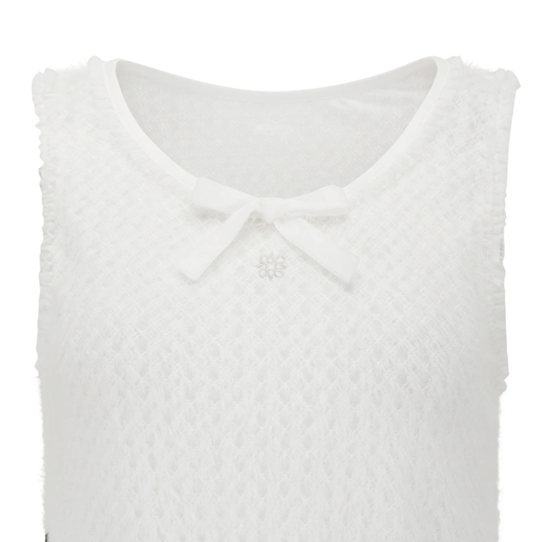 White sleeveless textured knit top with a scoop neckline, a small bow at the collar, and a tiny decorative flower detail, shown on a plain white background.
