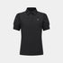 A black short-sleeve polo shirt with a small gold embroidered logo on the left chest, displayed on a clean light gray background.