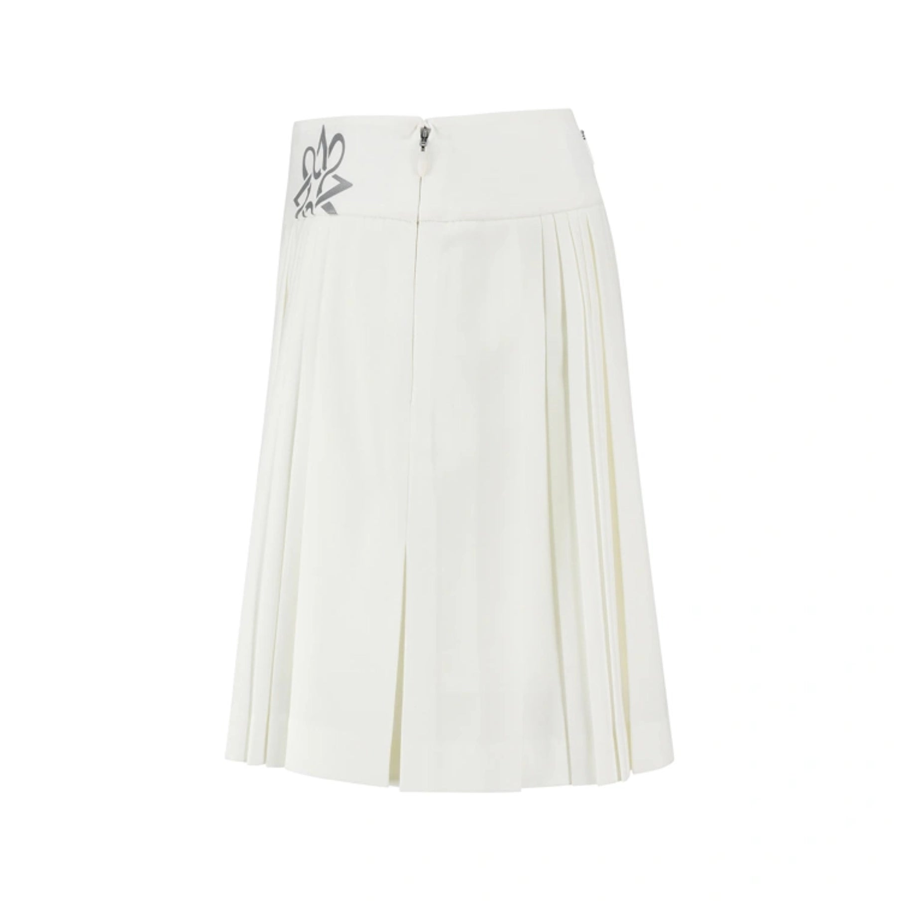 An off-white pleated A-line skirt with a front zipper and a gray embroidered logo on the left hip, shown against a plain white background.