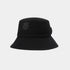 A black bucket hat with a small gray embroidered floral logo on the front, shown against a light gray background.