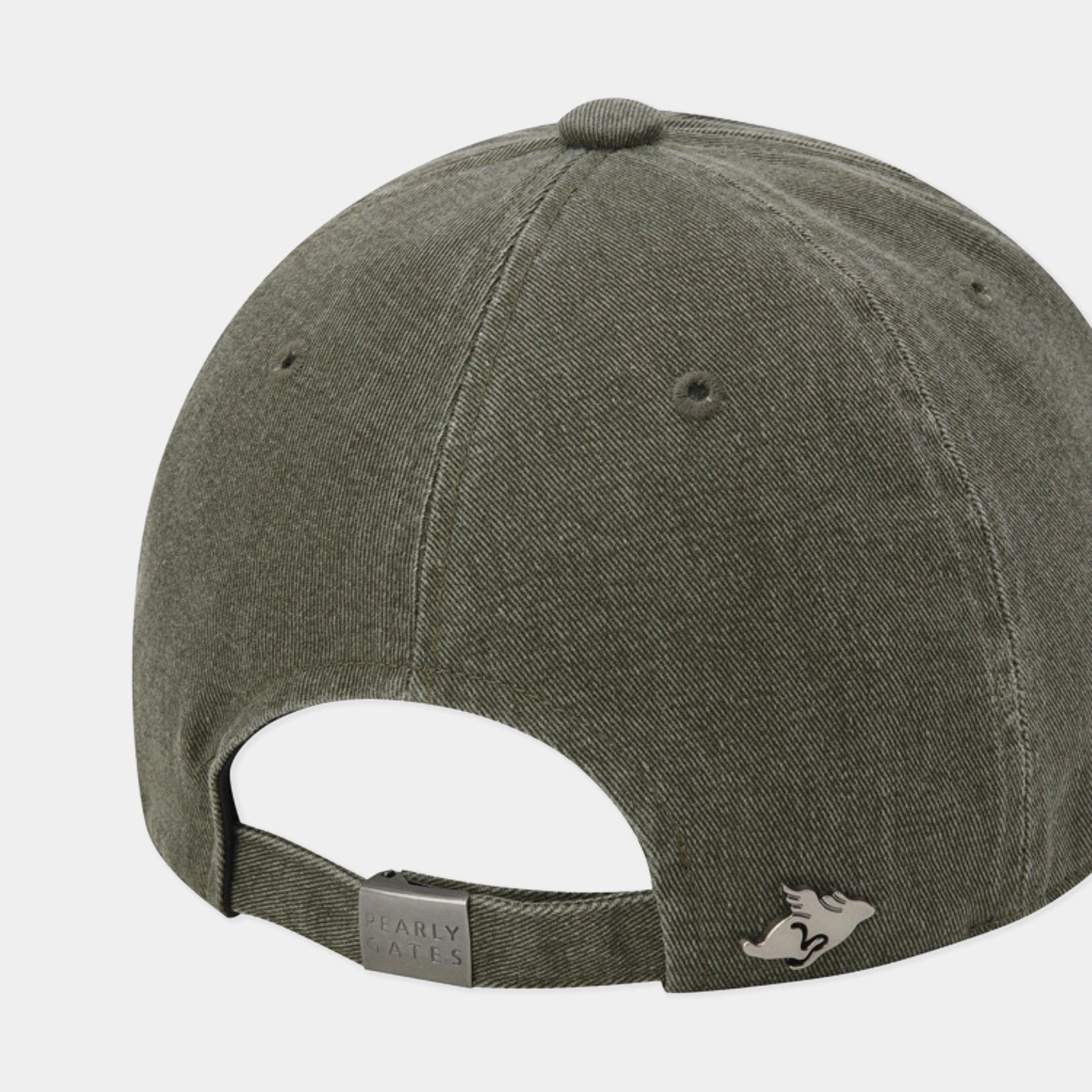 Close-up rear view of an olive green baseball cap with a fabric-covered snapback strap, a small silver-toned logo on the side, and a metal brand tag reading 'DARLY LAKES' on the strap.
