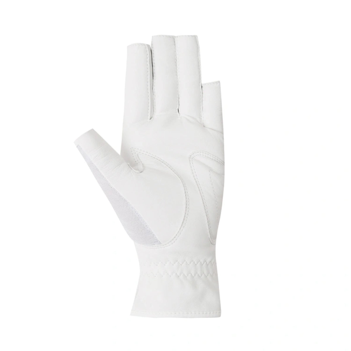 A single white leather golf glove shown from the back, featuring textured grip panels on the fingers and back of hand, set against a plain white background.