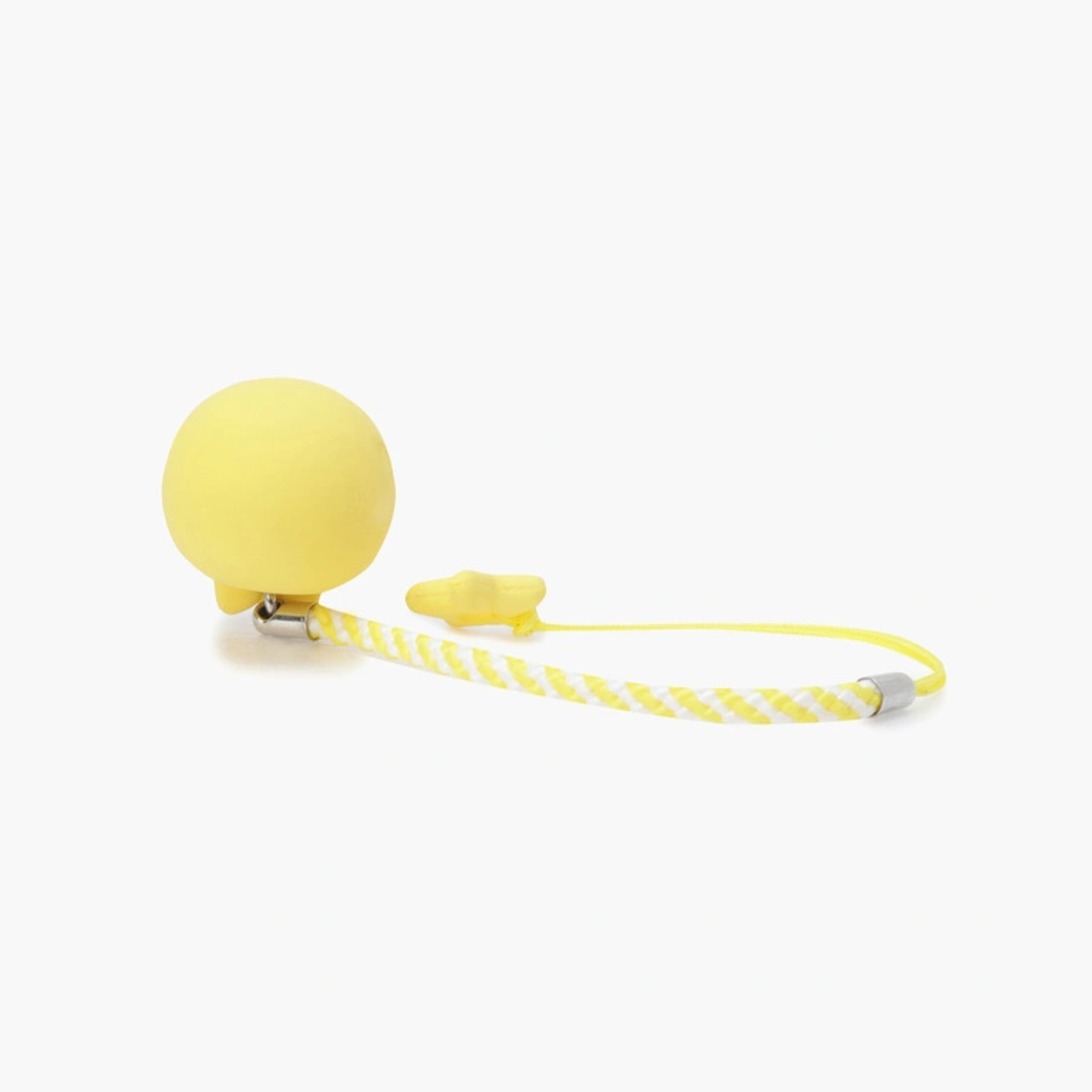 A yellow silicone baby teether or pacifier clip with a matching yellow and white striped rope and silver metal hardware, shown on a light gray background.