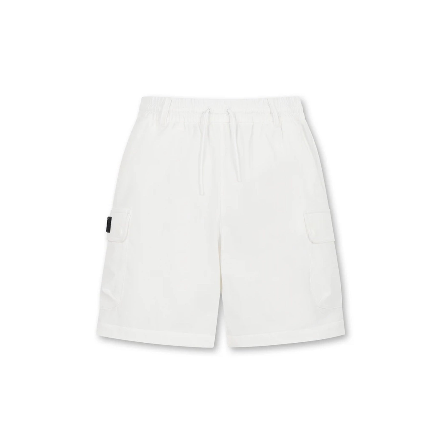 White drawstring shorts with side cargo pockets, displayed flat against a white background.
