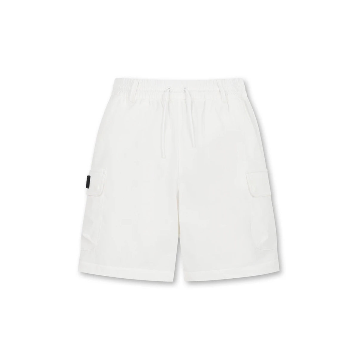 White drawstring shorts with side cargo pockets, displayed flat against a white background.