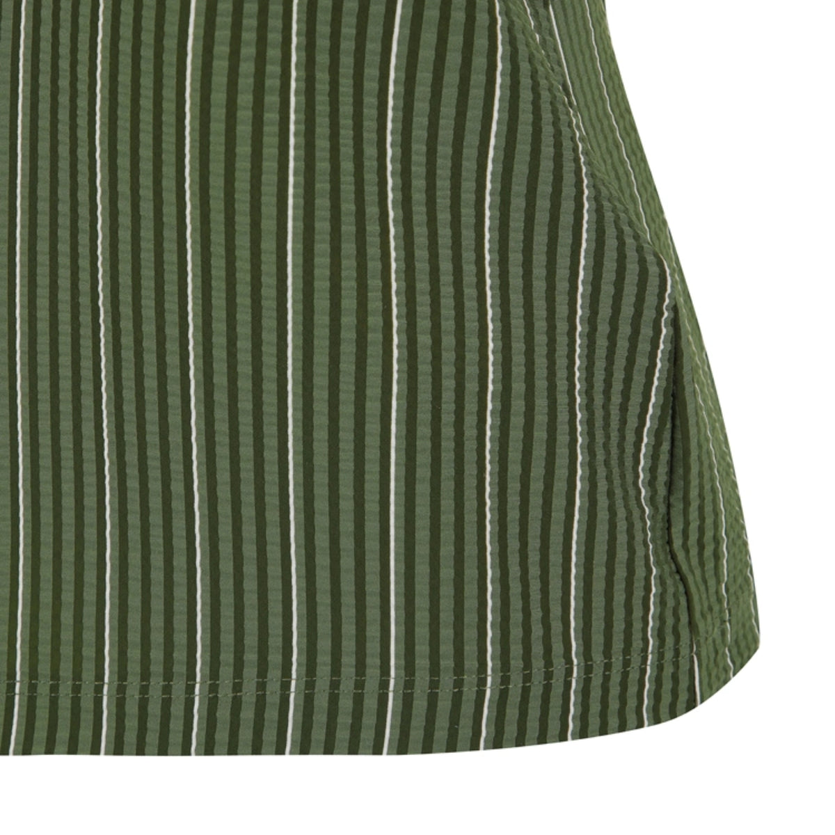 Close-up of a green striped fabric with vertical white and dark green pinstripes, showing a curved hem and stitched edge against a white background.