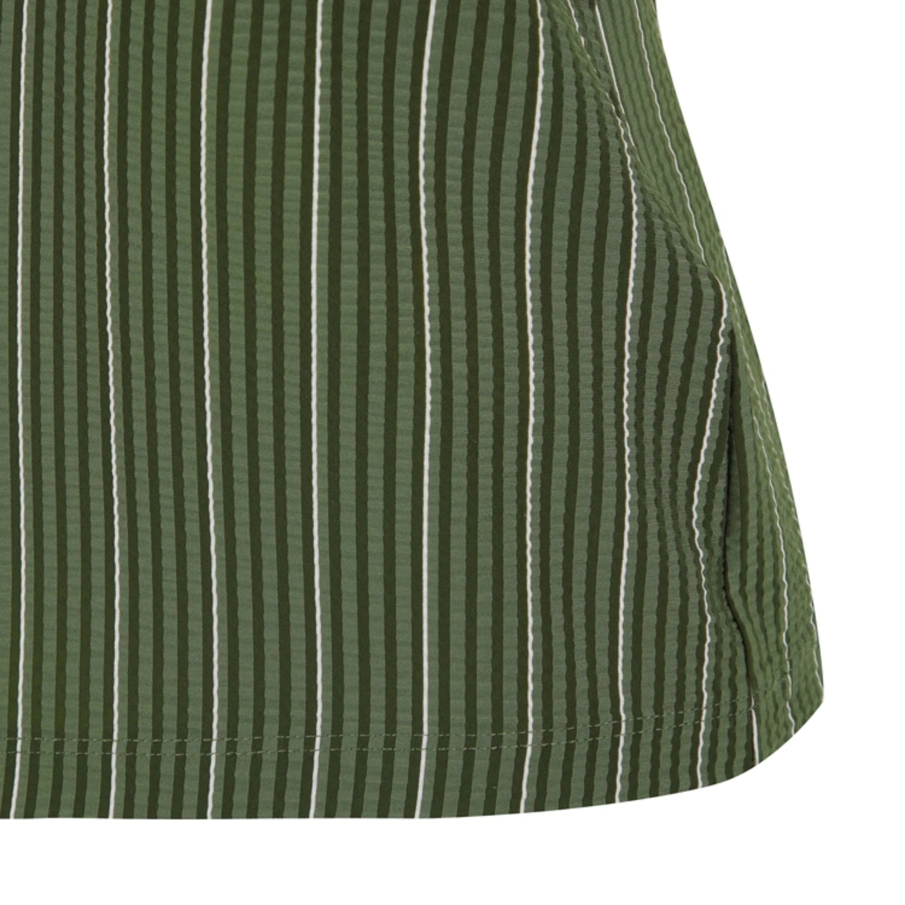 Close-up of a green striped fabric with vertical white and dark green pinstripes, showing a curved hem and stitched edge against a white background.