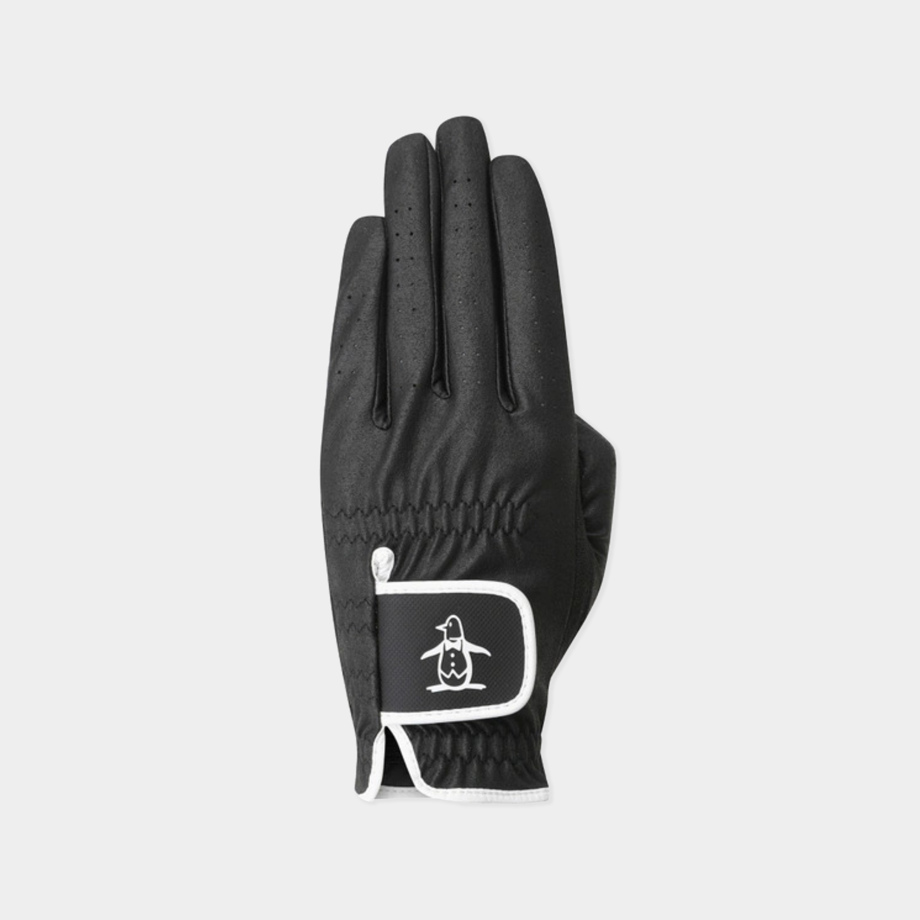 A single black golf glove with a white logo patch on the back of the hand, shown against a light gray background.