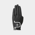 A single black golf glove with a white logo patch on the back of the hand, shown against a light gray background.