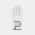A white golf glove by Lanvin Blanc, featuring light blue perforated finger panels and a light blue brand patch with brown trim, shown against a light gray background.