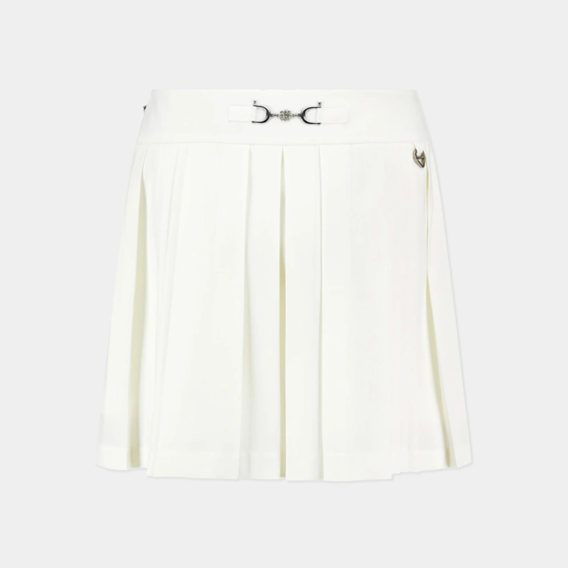 An off-white pleated mini skirt with a matching waistband belt and a silver horsebit buckle, shown against a light gray background.