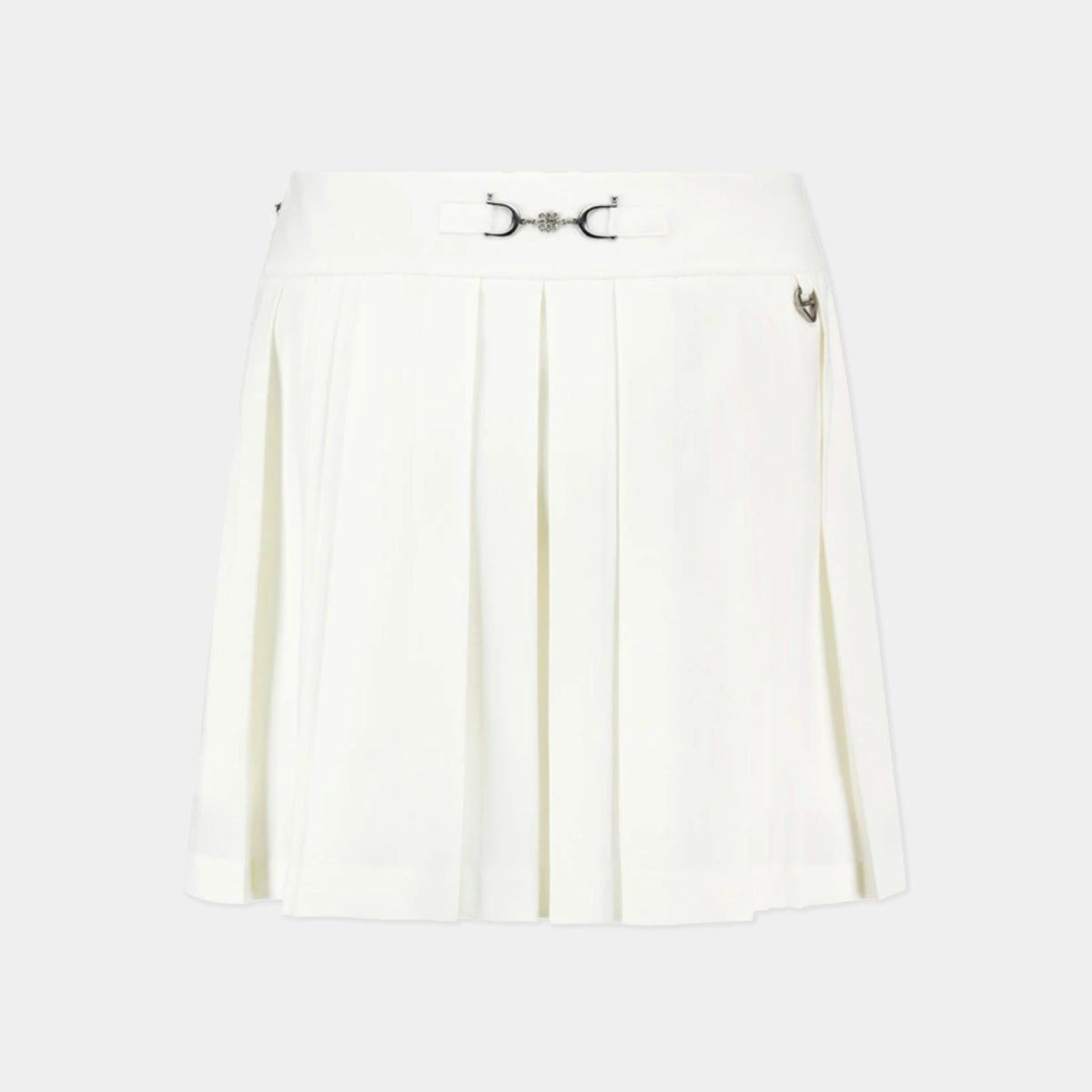An off-white pleated mini skirt with a matching waistband belt and a silver horsebit buckle, shown against a light gray background.