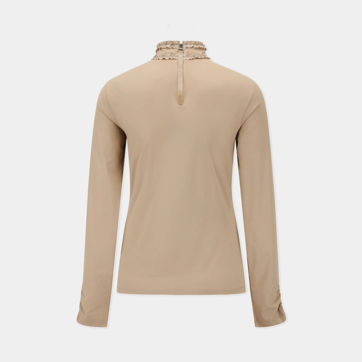 A beige long-sleeve top with a mock neck, featuring a decorative beaded collar and a small central zipper detail on the back, shown against a light gray background.