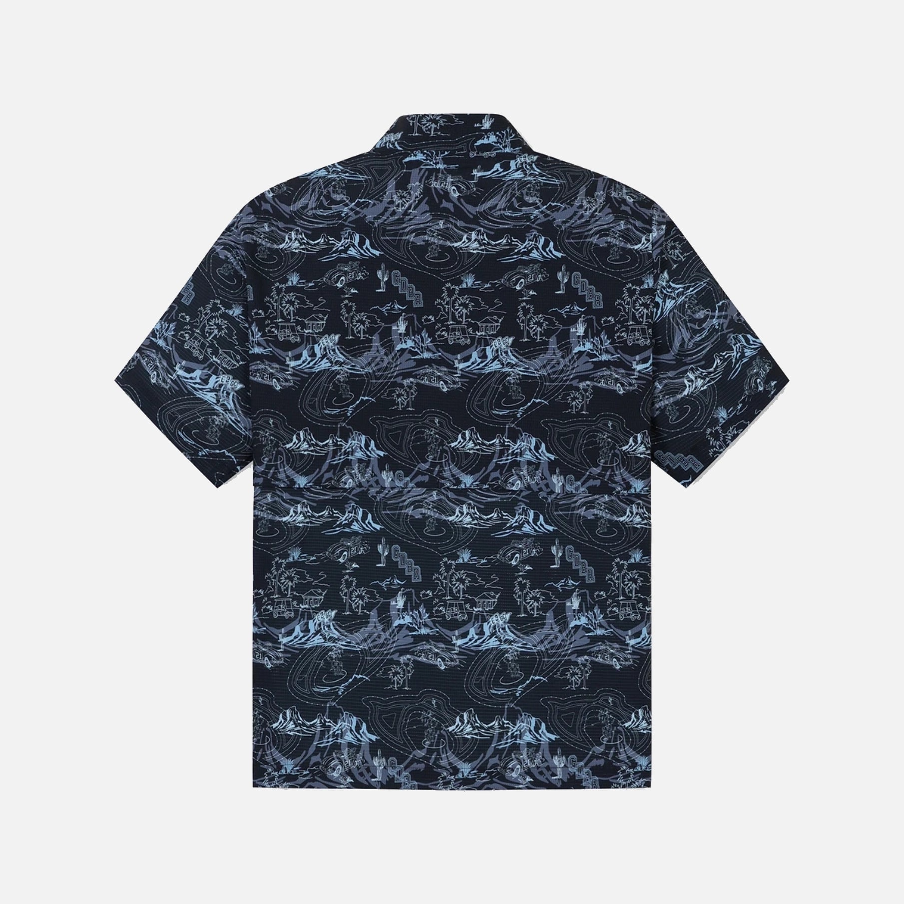 A short-sleeve button-up camp shirt with a dark navy blue base and a light blue repeating wave and wave-catcher pattern, shown flat against a light gray background.