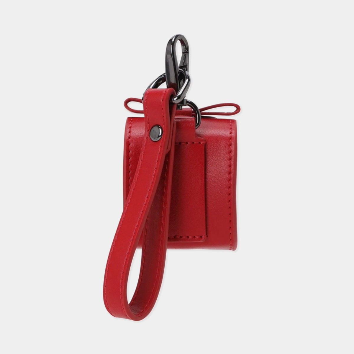 A red leather keychain pouch with a matching wrist strap and a black metal carabiner clip, shown against a light gray background.