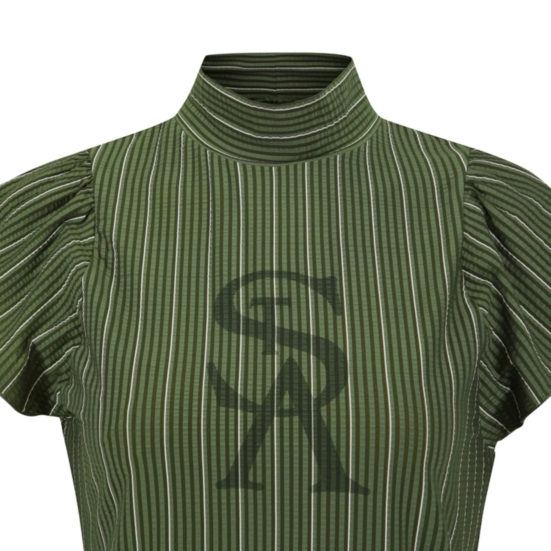 An olive green short-sleeve mock neck top with vertical pinstripes and a large dark green 'SA' monogram logo on the chest, shown against a plain white background.