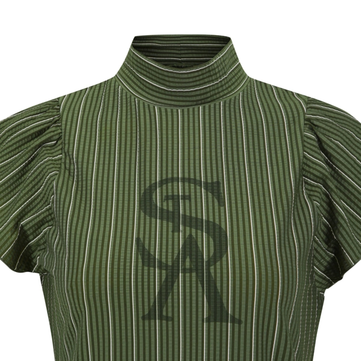 An olive green short-sleeve mock neck top with vertical pinstripes and a large dark green 'SA' monogram logo on the chest, shown against a plain white background.