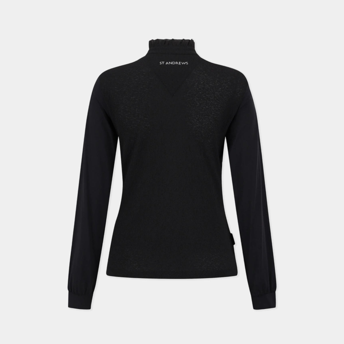 A black long-sleeve mock neck sweater with a subtle textured knit pattern, featuring the 'ST ANDREWS' brand name printed in white on the inner collar, set against a light gray background.