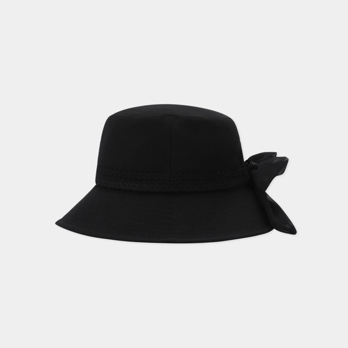 A black wide-brim sun hat with a matching fabric bow on the side, displayed against a light gray background.